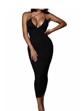 Sexy Black Midi Dress with Plunge Neck and Thin Straps